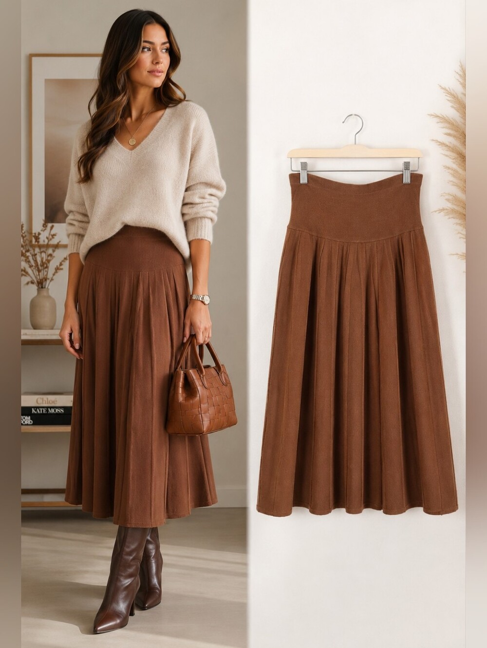 Helen Harper Knit Pleated Midi Skirt Cinnamon Brown Elastic Waist Soft Acrylic M